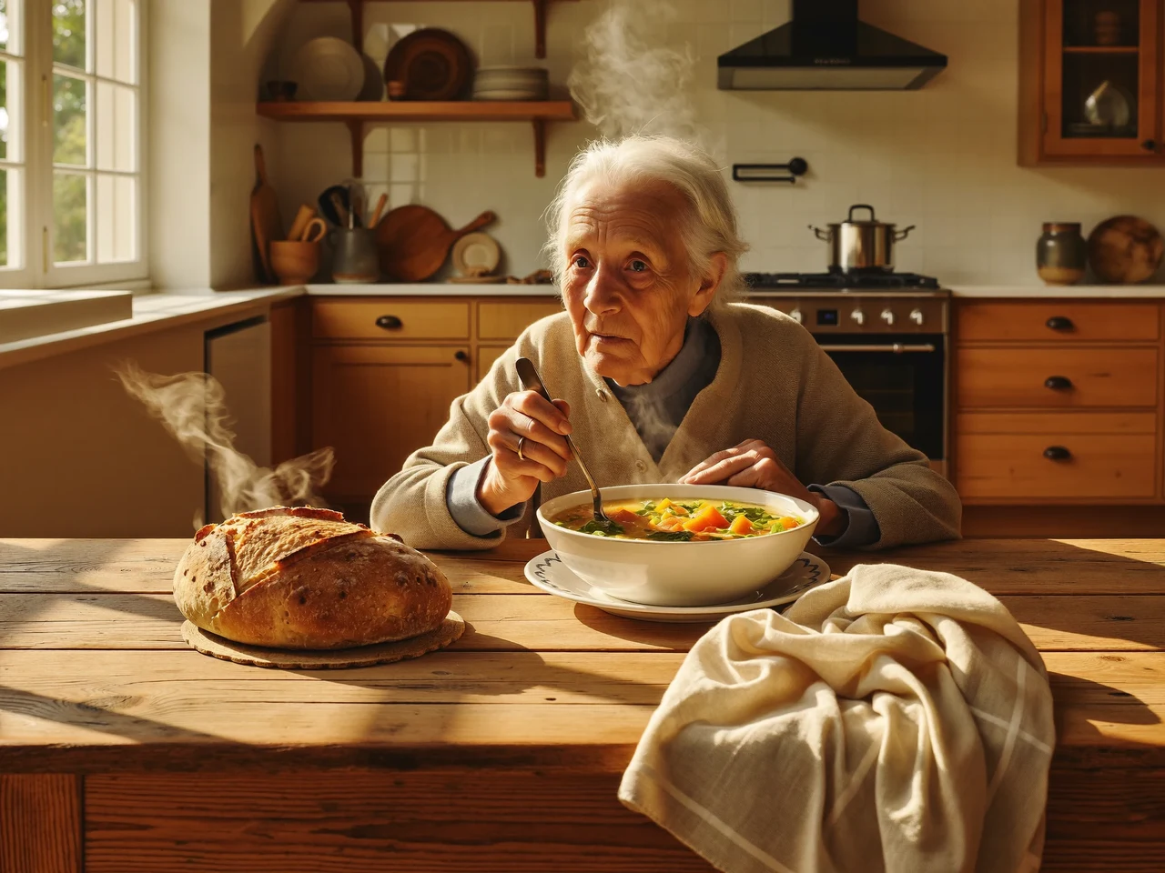 Dampfende Gemüsesuppe mit Brot auf einem Holztisch in heller Küche