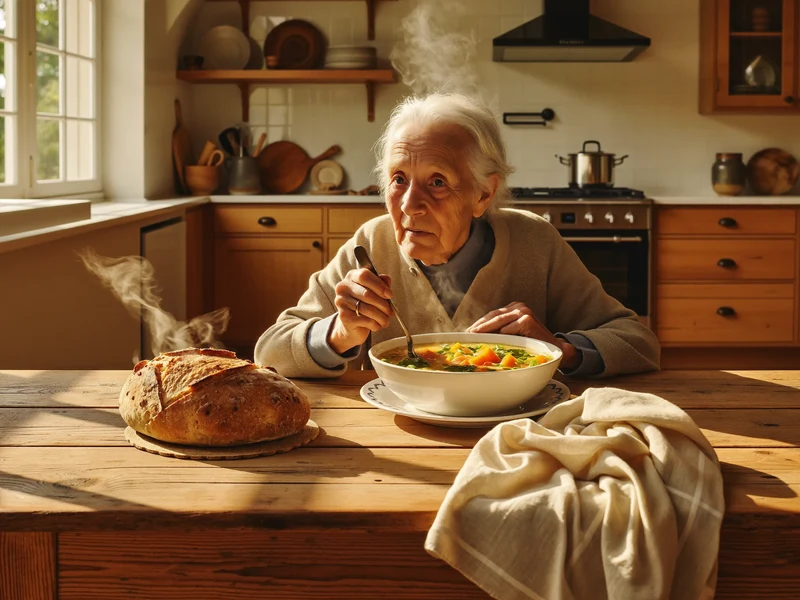 Dampfende Gemüsesuppe mit Brot auf einem Holztisch in heller Küche