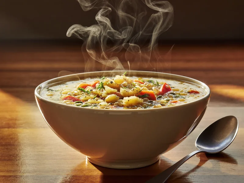Cremige Gemüse-Gerstensuppe in einer Keramikschüssel mit Löffel
